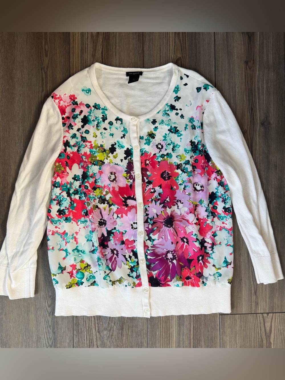 Ann Taylor White Floral Button-Front Cardigan with Pink & Teal Blooms